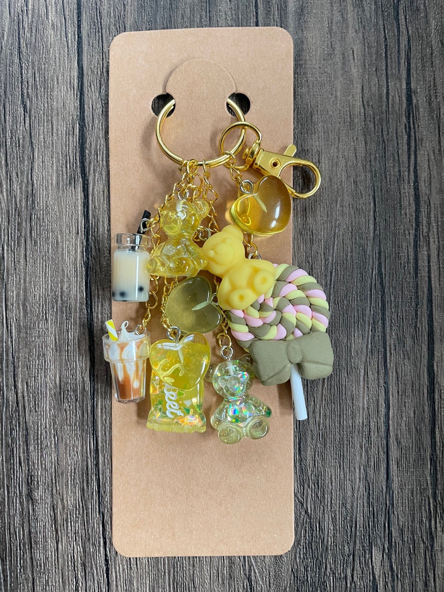 Love Candy Yellow and Green Heart, Taffy, and Bear Gold Bag Charm