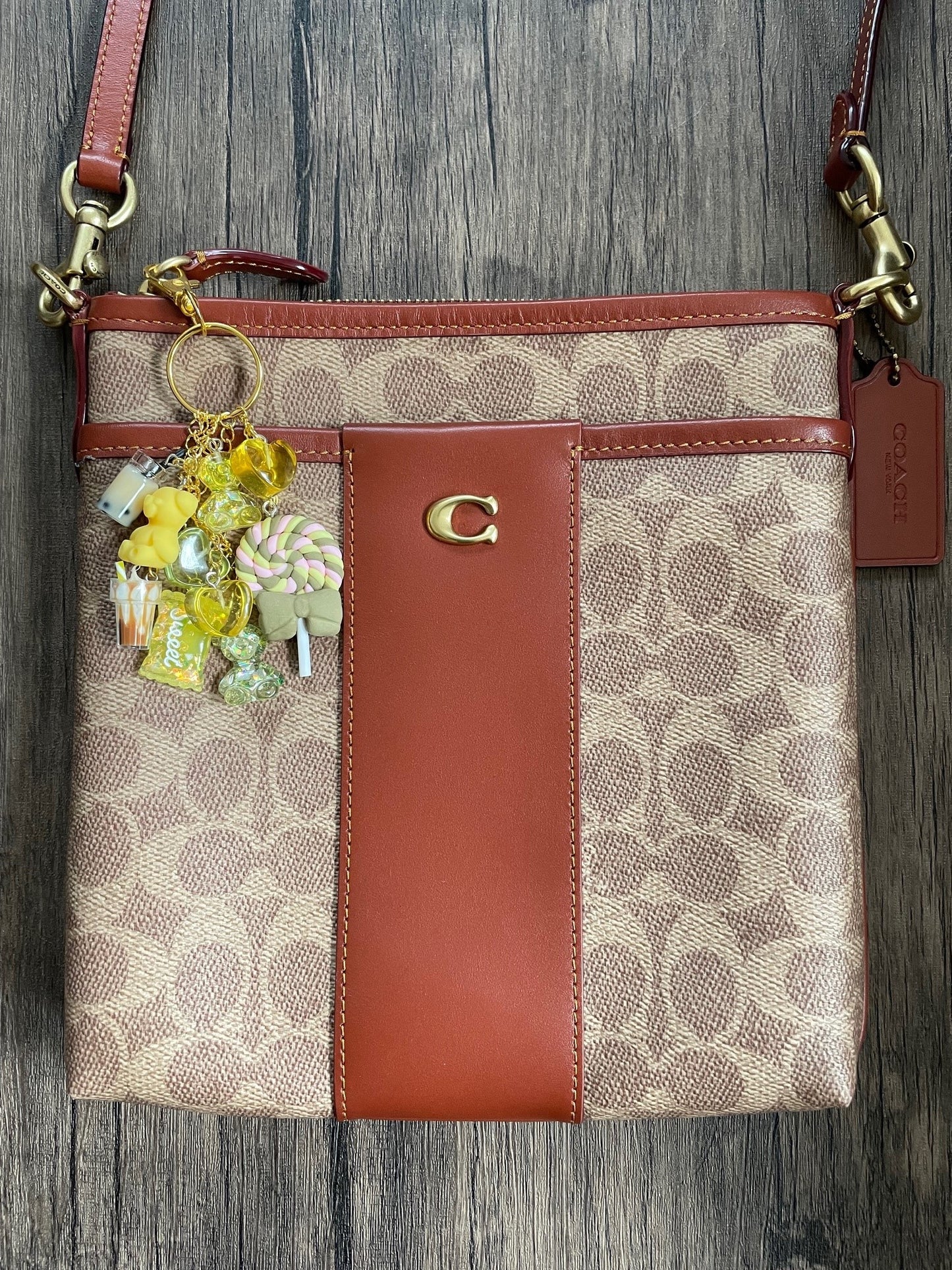 Love Candy Yellow and Green Heart, Taffy, and Bear Gold Bag Charm