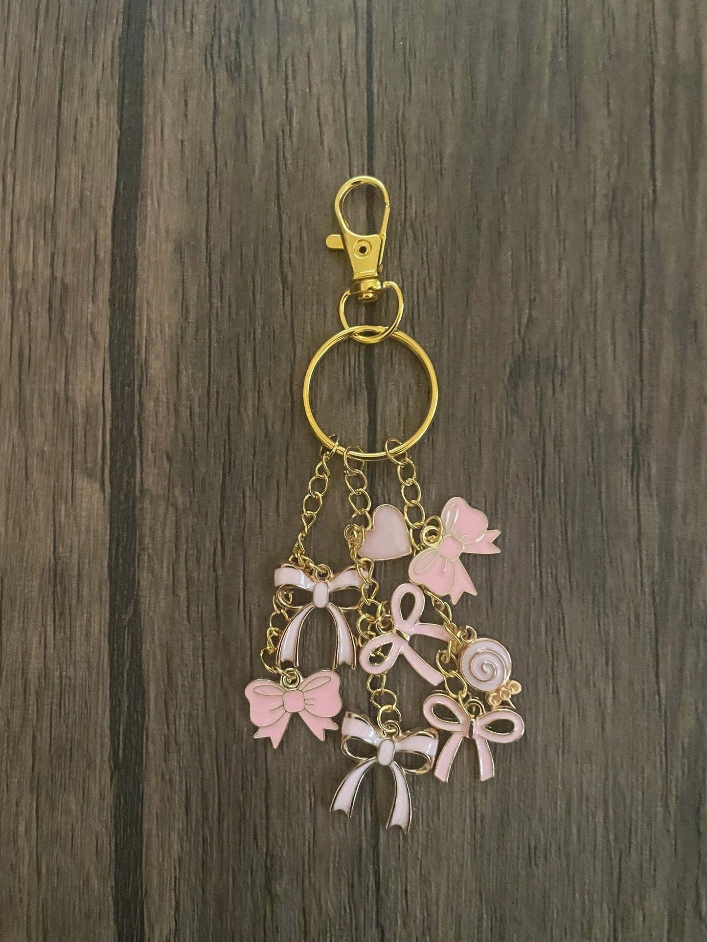 Love Pink Bows, Taffy, and Hearts Gold Bag Charm