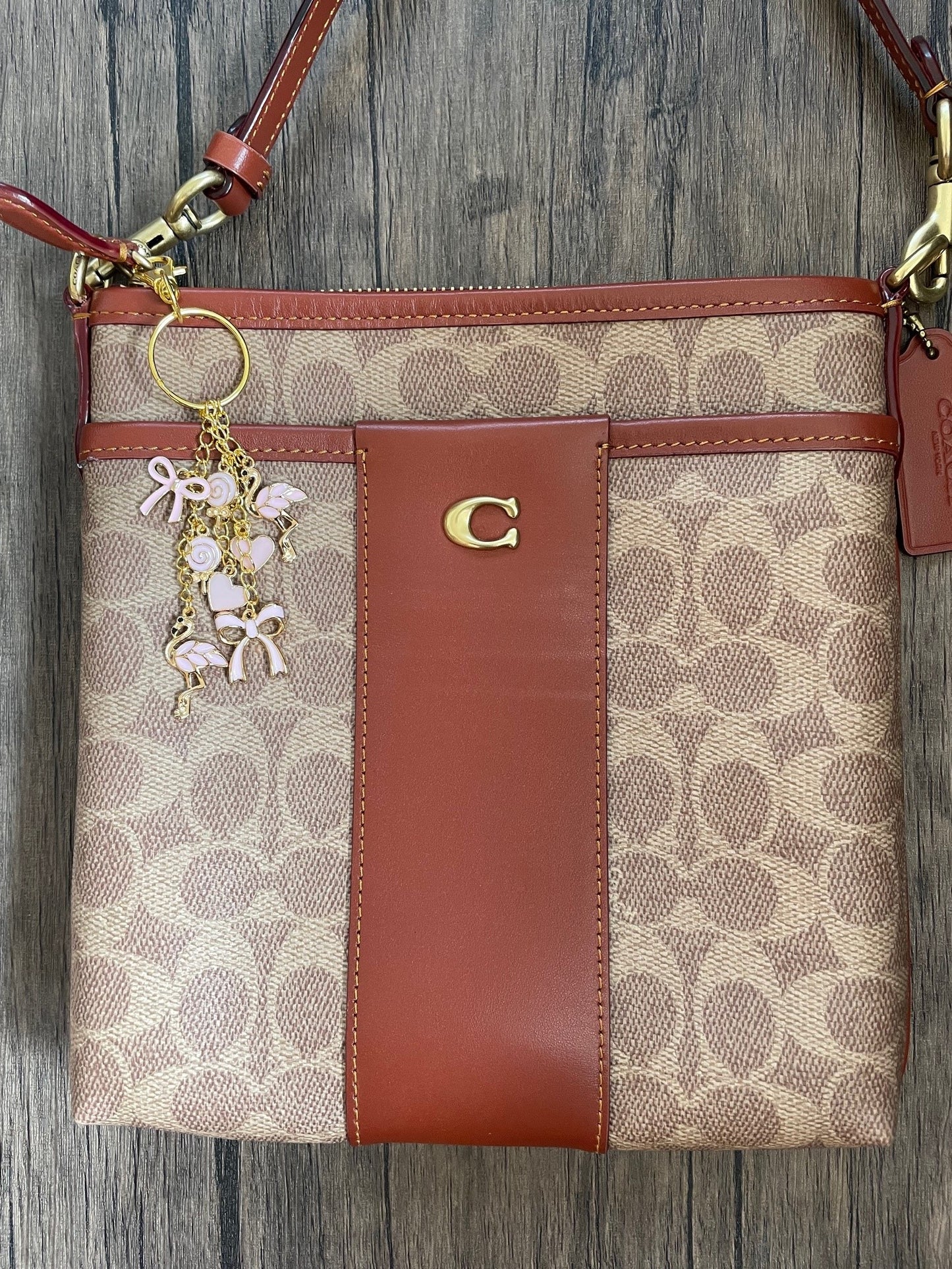 Love Pink Flamingo, Bows, Taffy, and Hearts Gold Bag Charm