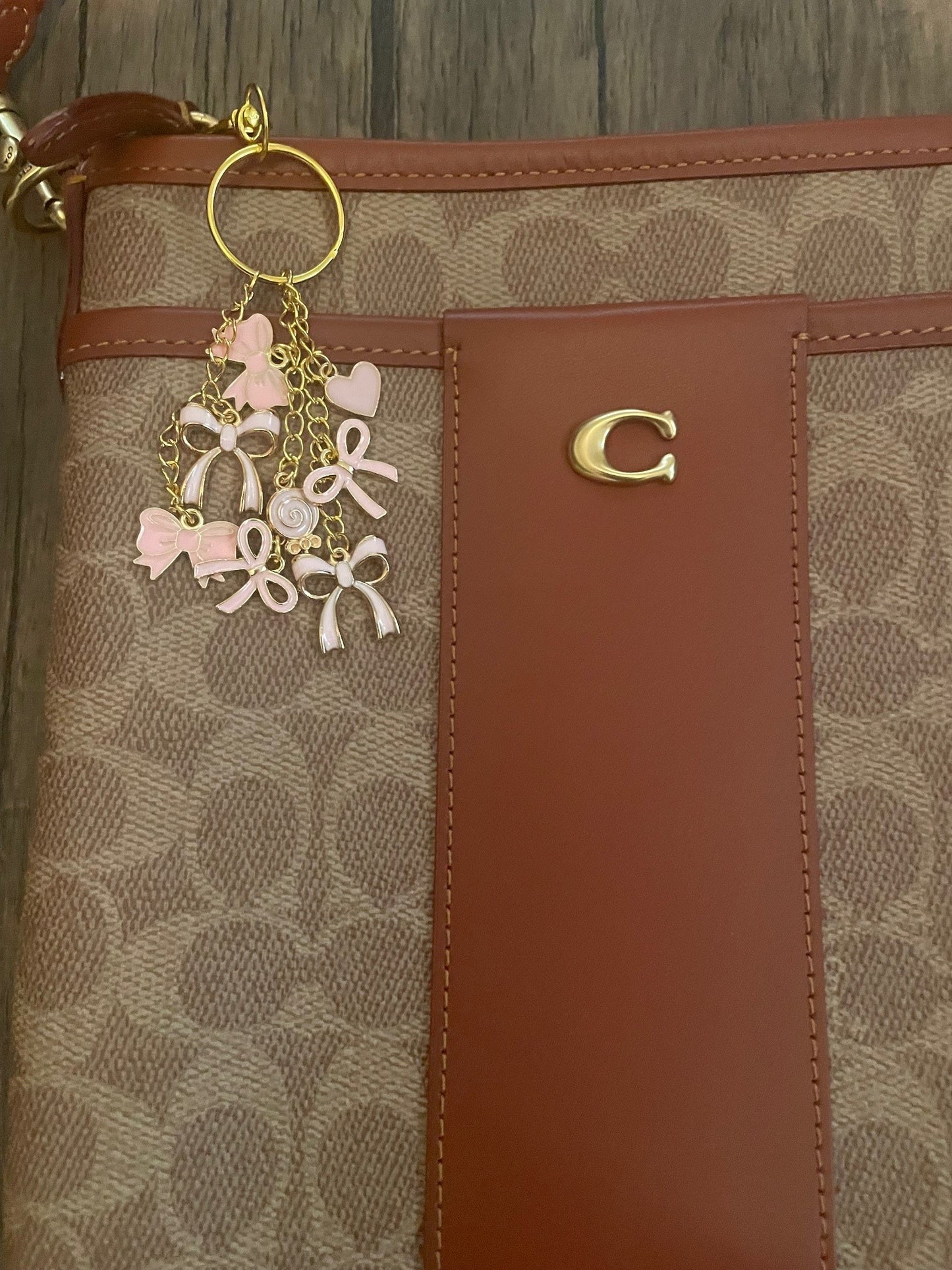 Love Pink Bows, Taffy, and Hearts Gold Bag Charm