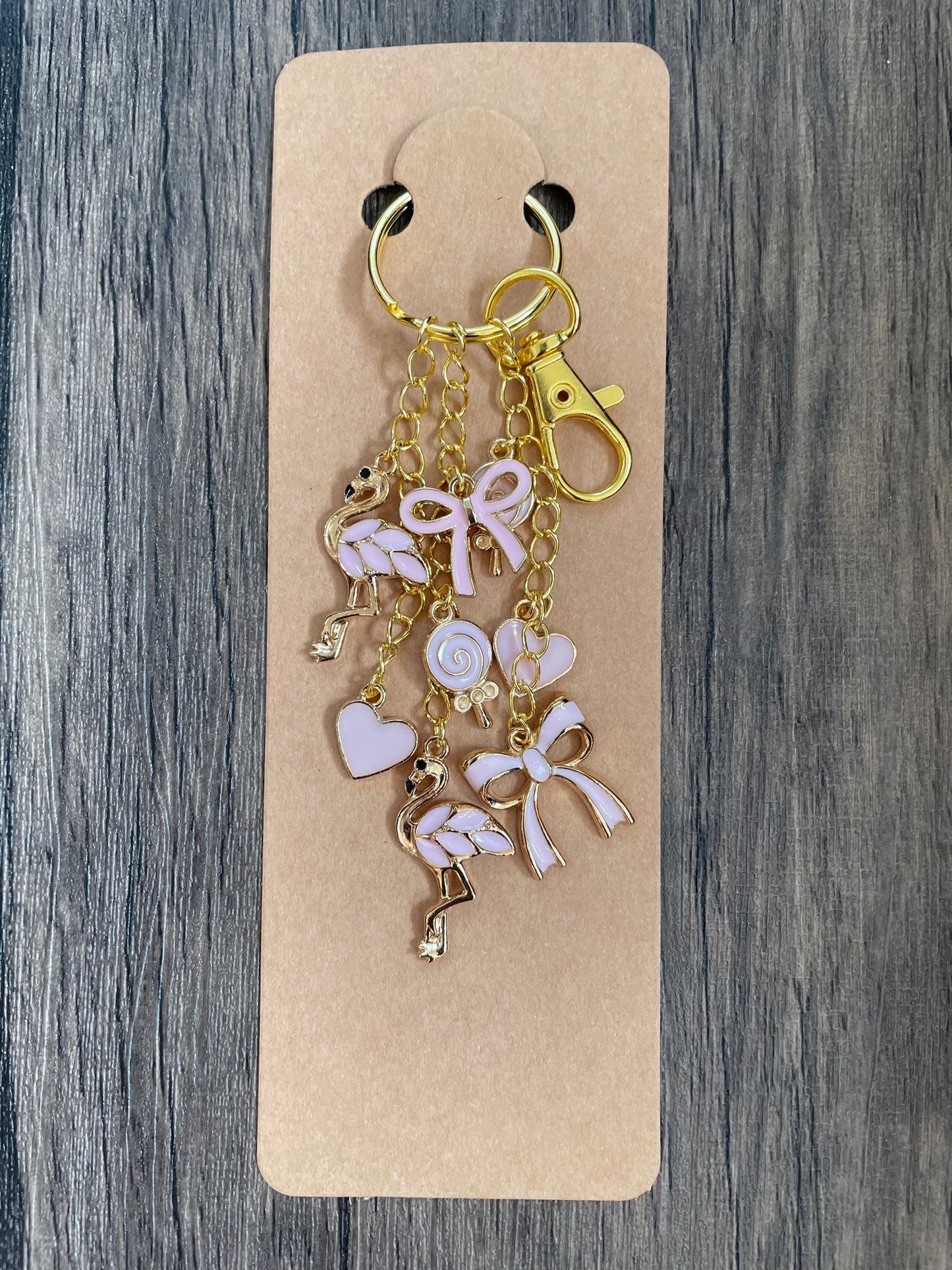 Love Pink Flamingo, Bows, Taffy, and Hearts Gold Bag Charm