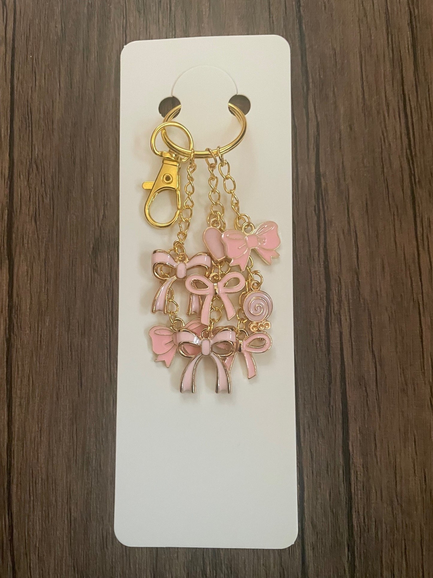 Love Pink Bows, Taffy, and Hearts Gold Bag Charm