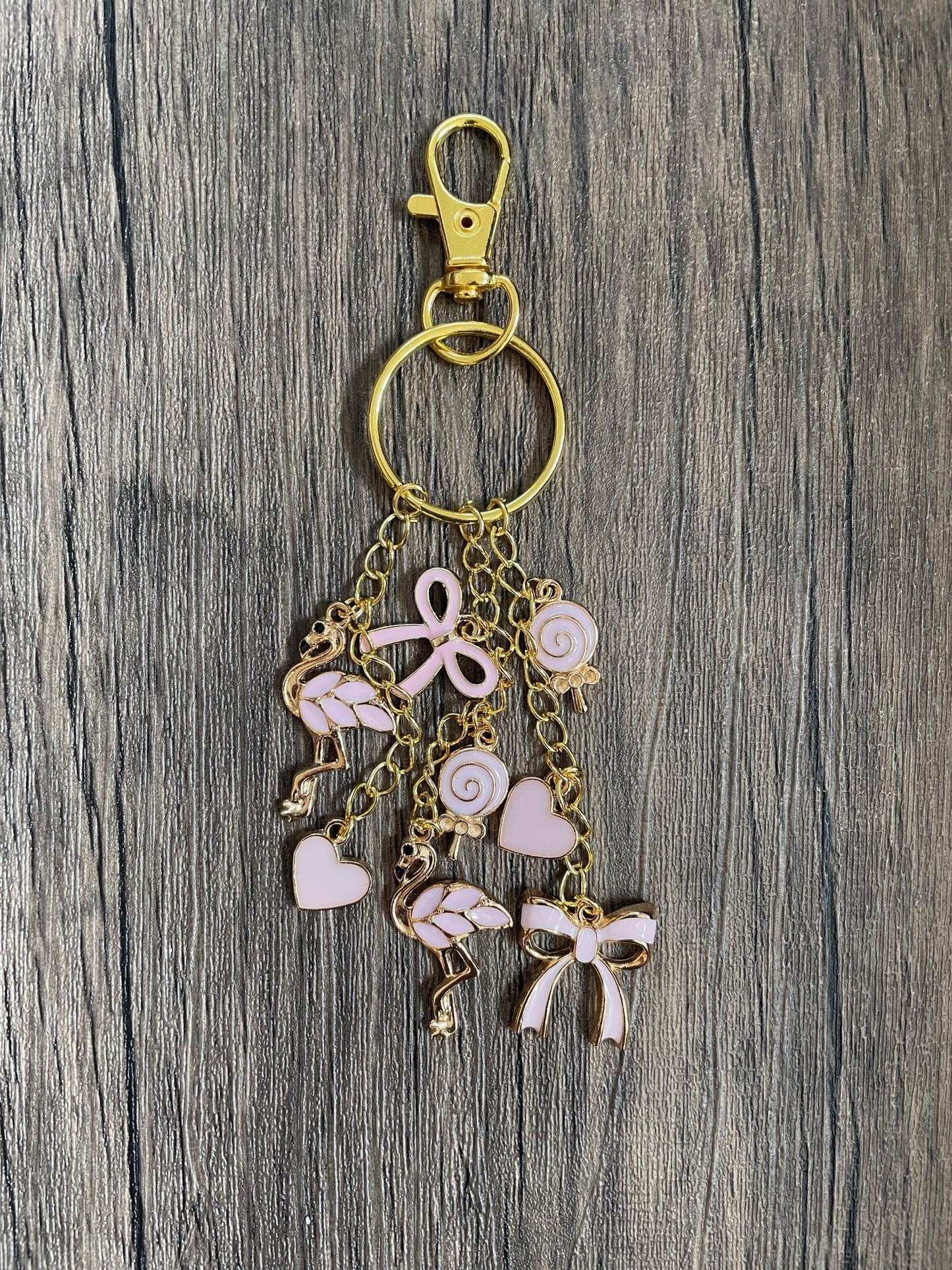 Love Pink Flamingo, Bows, Taffy, and Hearts Gold Bag Charm