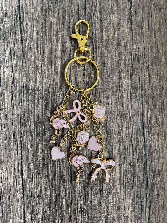 Love Pink Flamingo, Bows, Taffy, and Hearts Gold Bag Charm