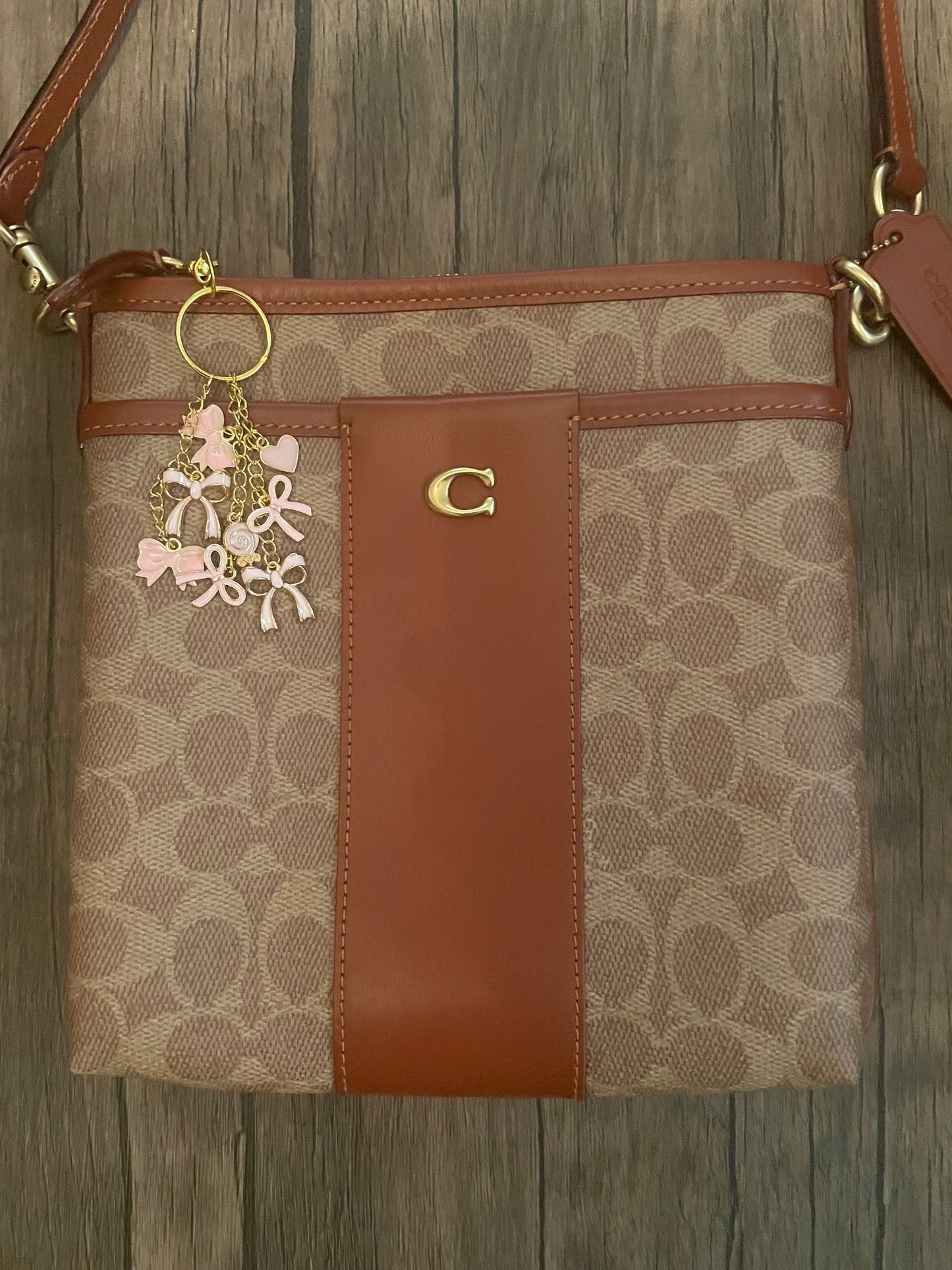 Love Pink Bows, Taffy, and Hearts Gold Bag Charm