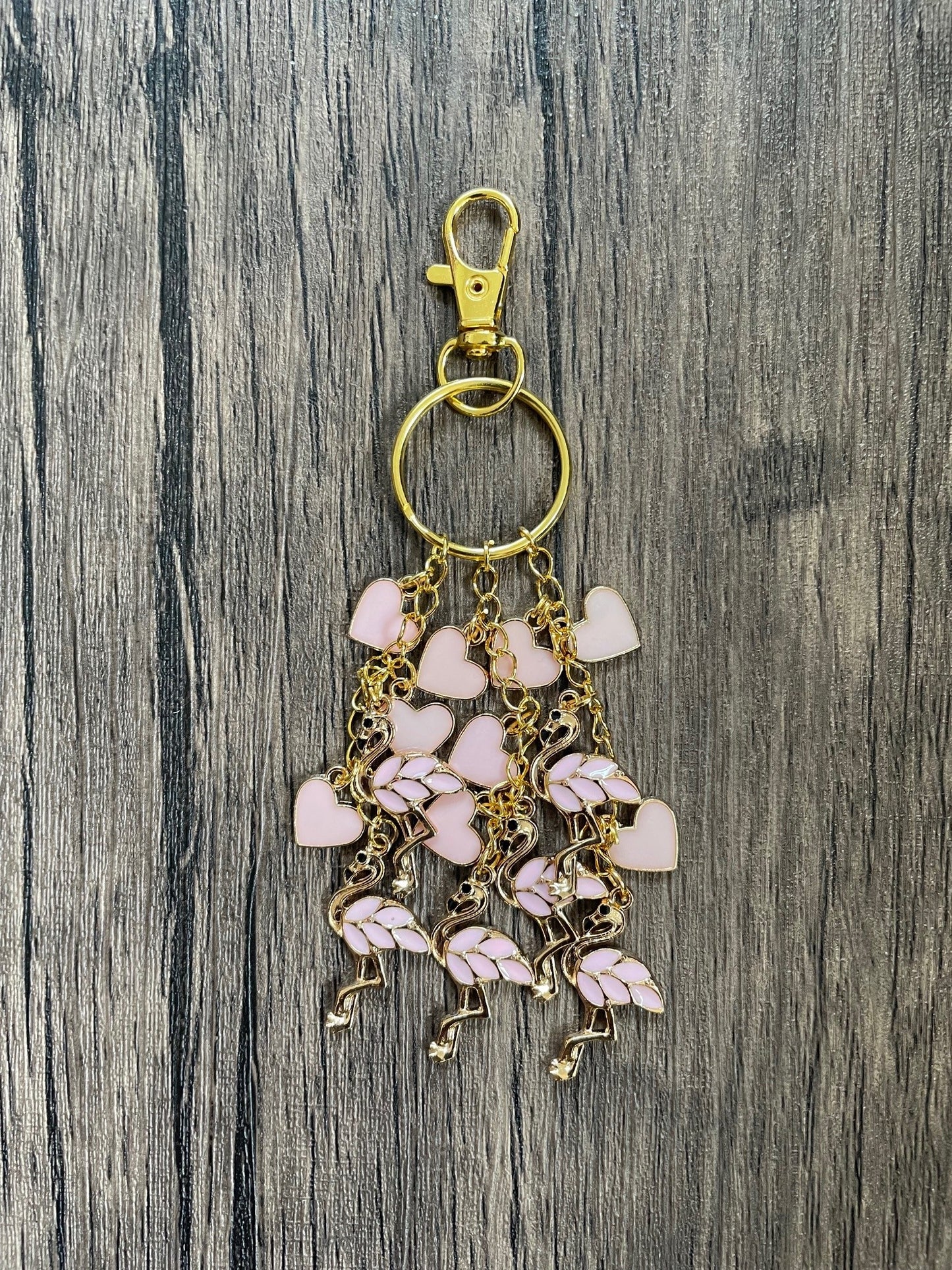 Love Pink Flamingo and Hearts Gold Bag Charm