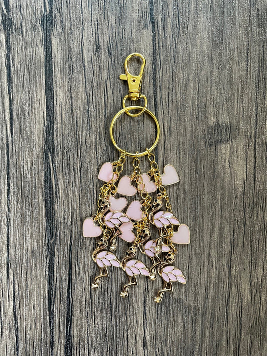 Love Pink Flamingo and Hearts Gold Bag Charm