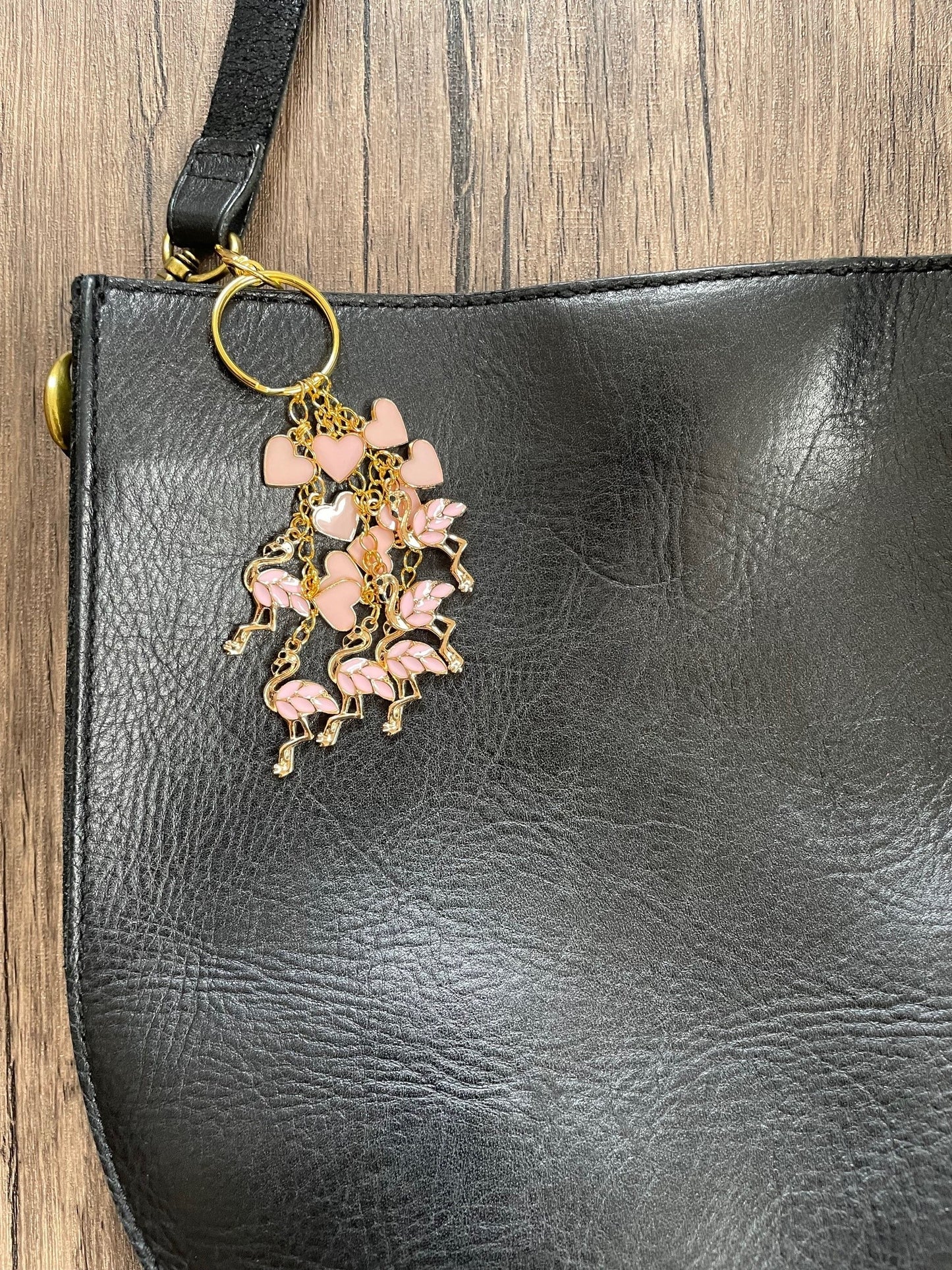 Love Pink Flamingo and Hearts Gold Bag Charm