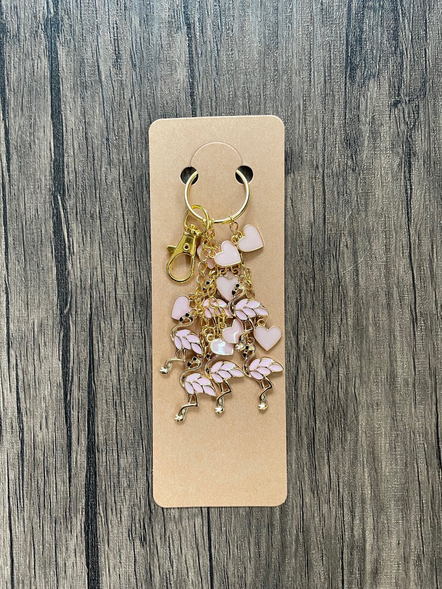 Love Pink Flamingo and Hearts Gold Bag Charm