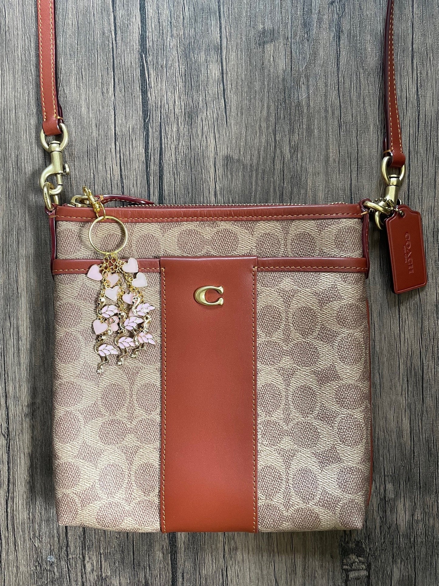 Love Pink Flamingo and Hearts Gold Bag Charm