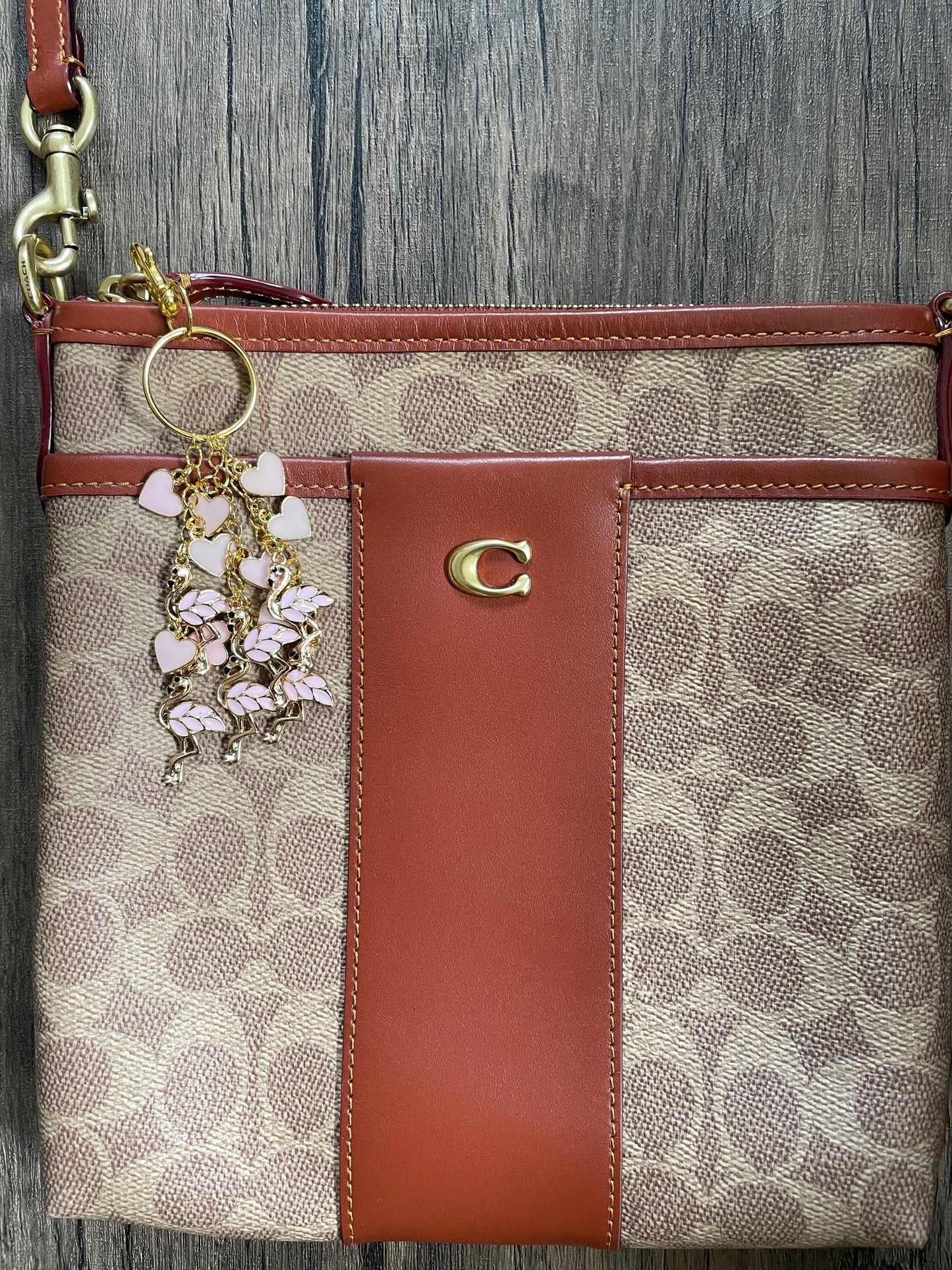 Love Pink Flamingo and Hearts Gold Bag Charm