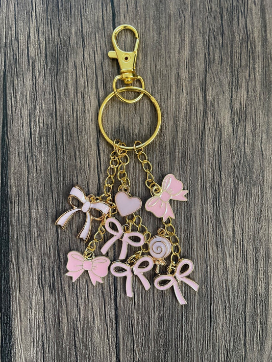 Love Pink Bows, Taffy, and Hearts Gold Bag Charm