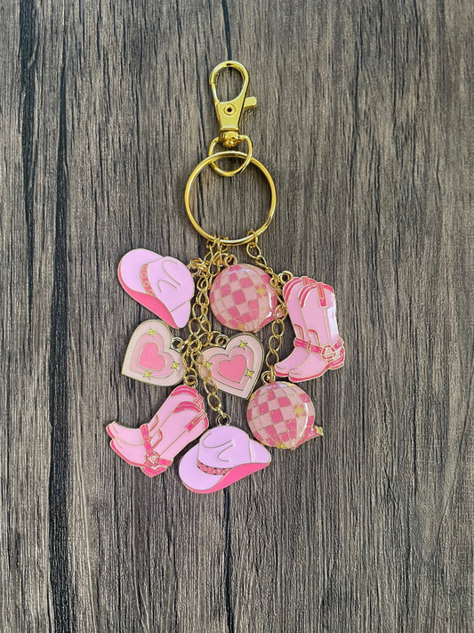 Love Pink Western Cowgirl Boots and Hats Gold Bag Charm