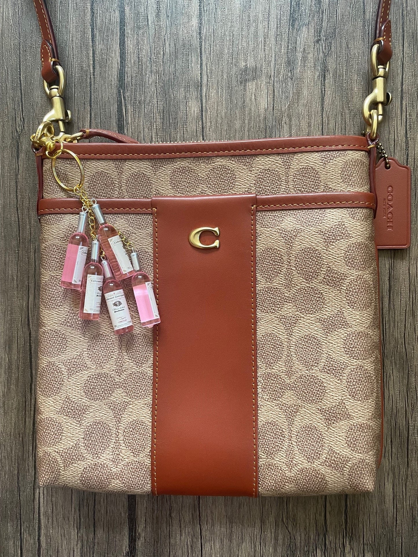 Love Wine Rose Bottles Gold Bag Charm