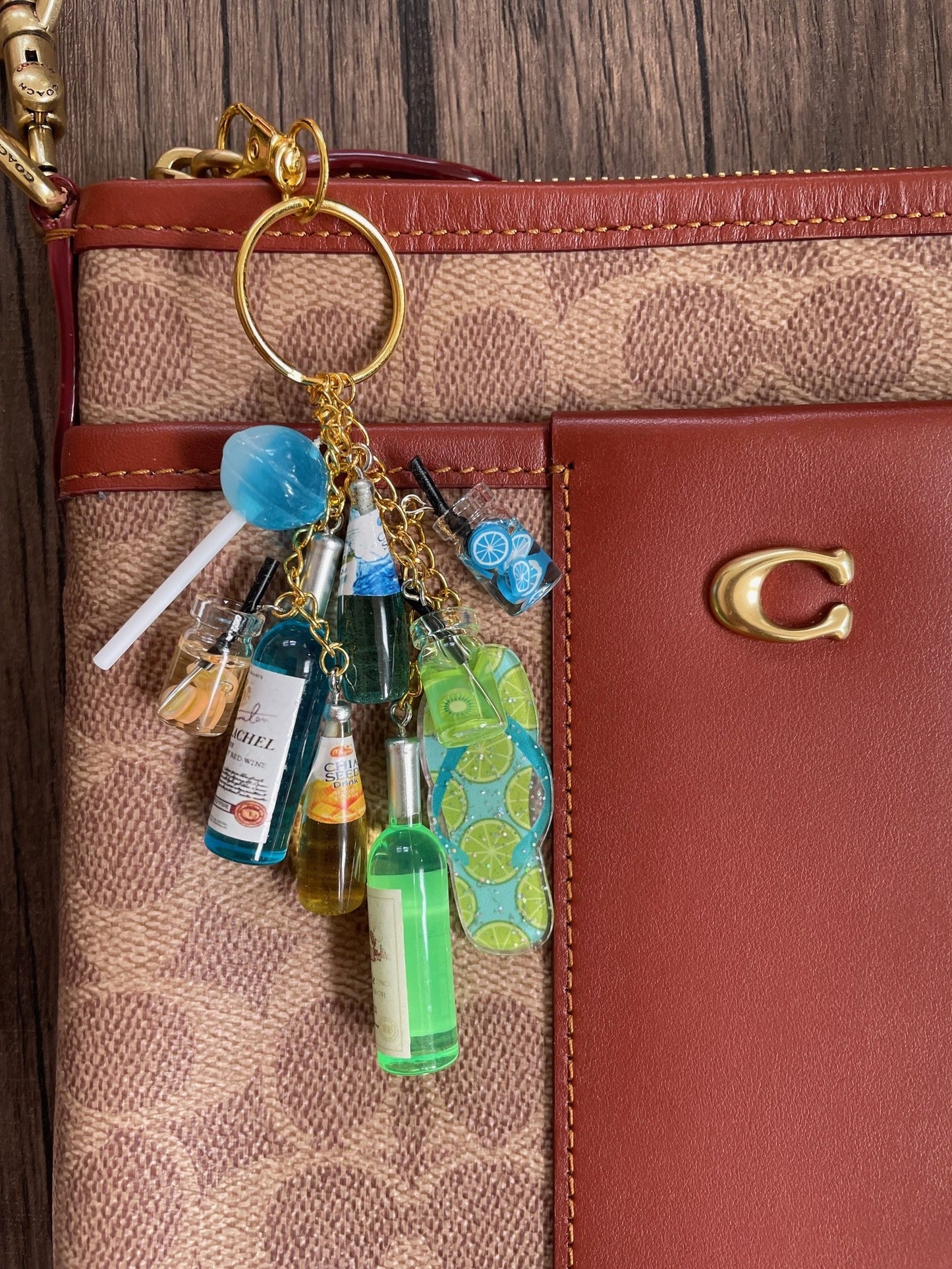 Love The Summer Green and Blue Wine Bottle, Taffy, and Drinks Gold Bag Charm