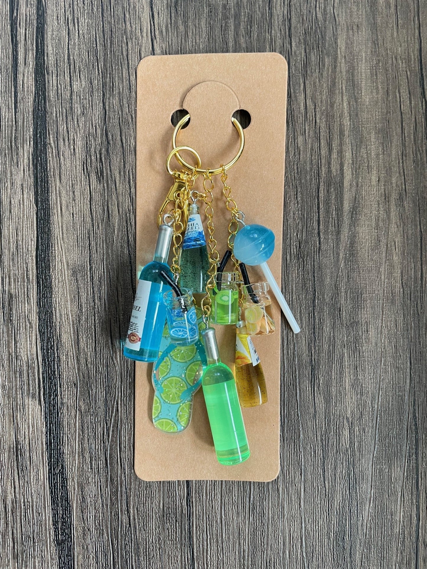 Love The Summer Green and Blue Wine Bottle, Taffy, and Drinks Gold Bag Charm