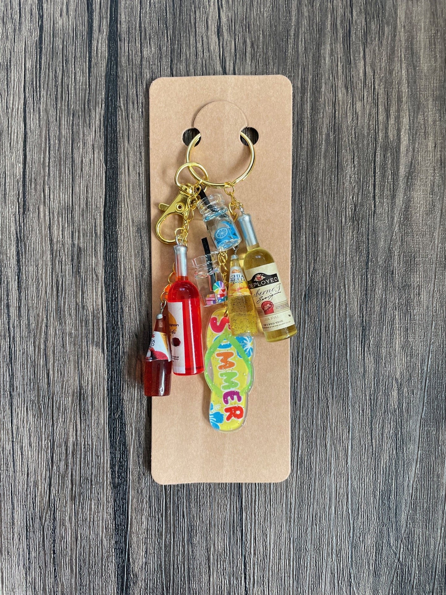Love The Summer Red, Yellow, and Blue Wine Bottle and Drinks Gold Bag Charm