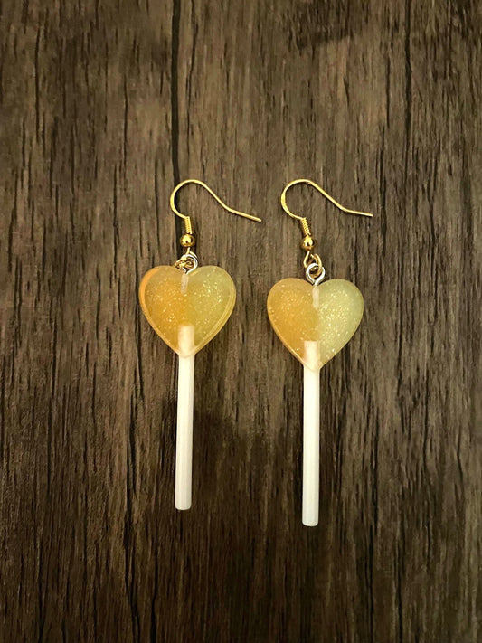 Love Candy Yellow and Orange Heart Lollipop Charm Earrings