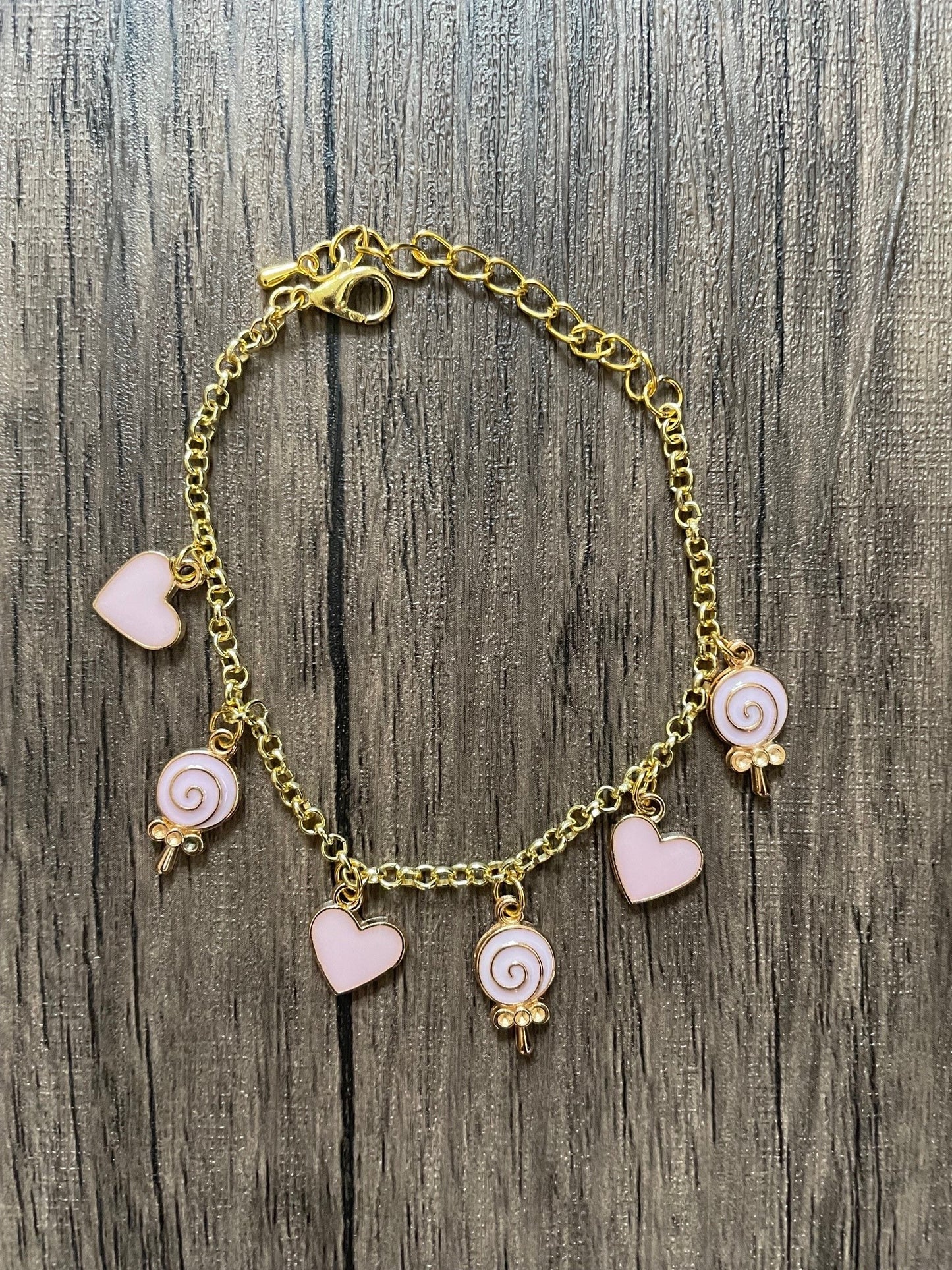 Pink Heart and Lollipop Charm Bracelet