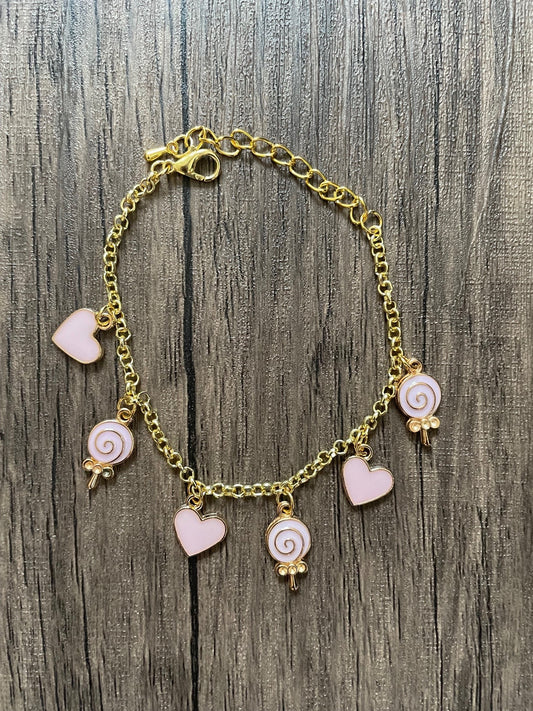 Pink Heart and Lollipop Charm Bracelet