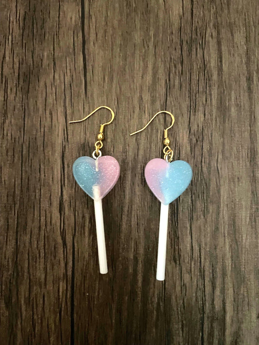 Love Candy Pink and Blue Heart Lollipop Charm Earrings