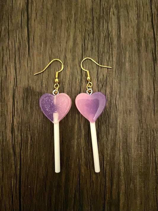 Love Candy Pink and Purple Heart Lollipop Charm Earrings