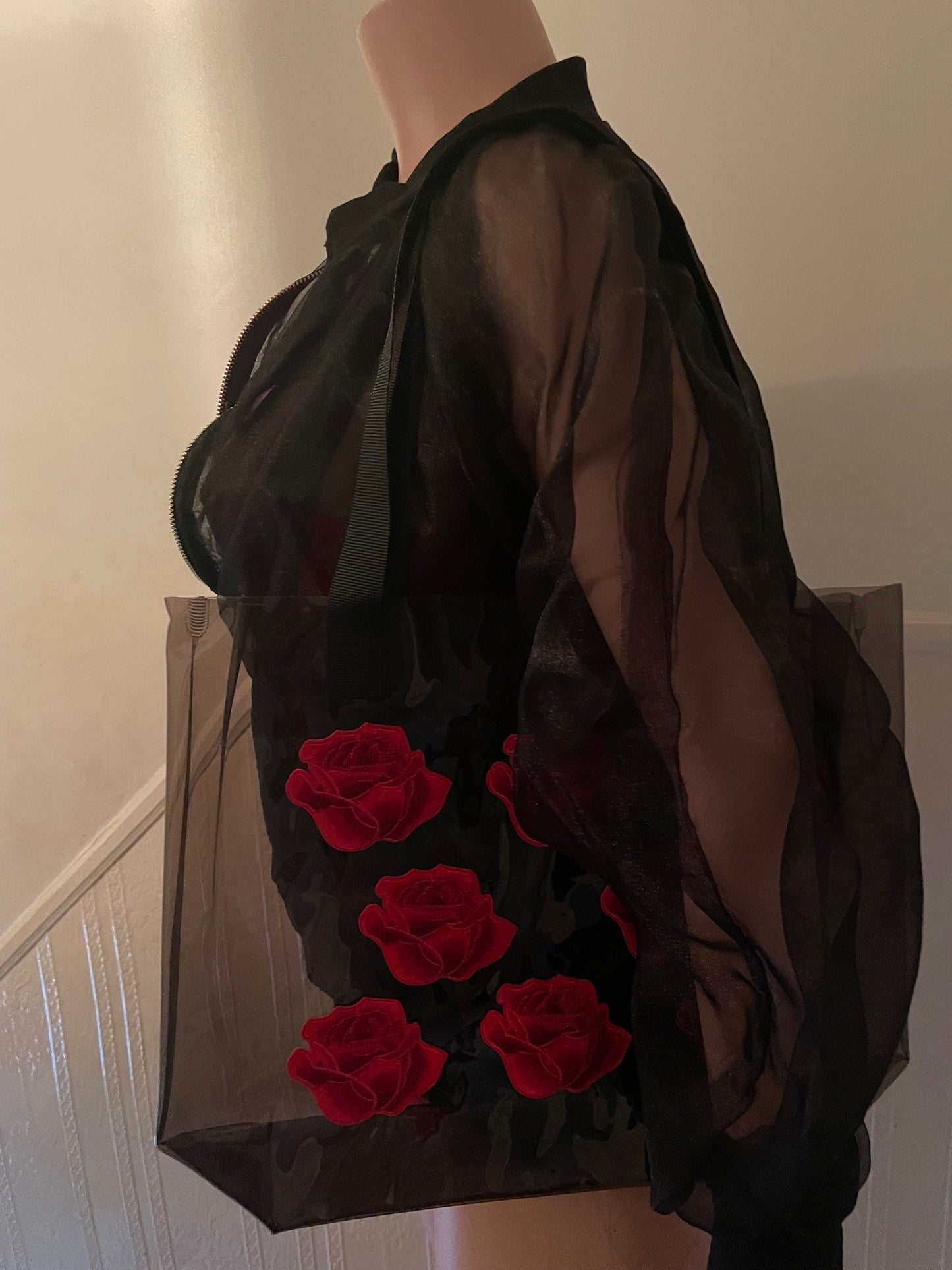Red Rose Holographic PVC Black Tote Bag