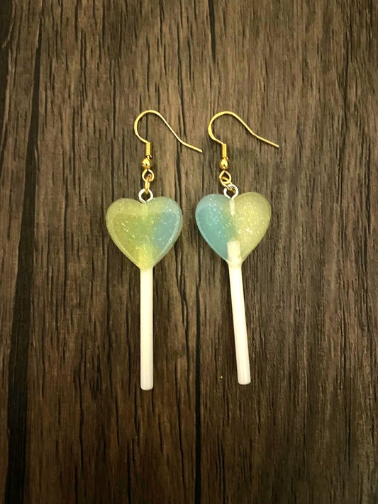 Love Candy Yellow and Blue Heart Lollipop Charm Earrings