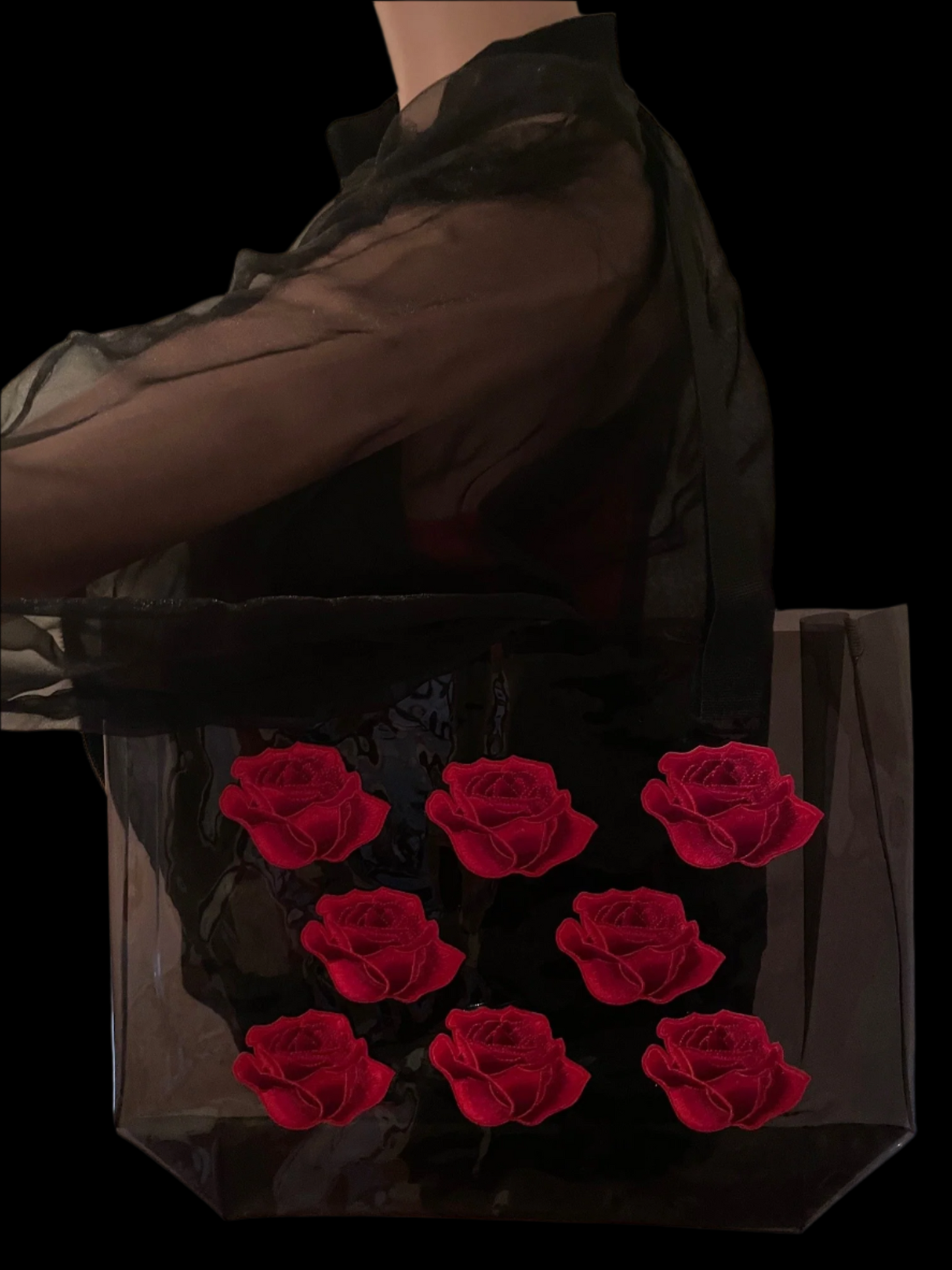 Red Rose Holographic PVC Black Tote Bag