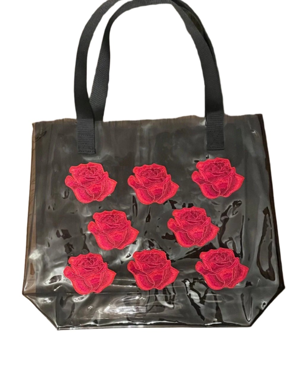 Red Rose Holographic PVC Black Tote Bag