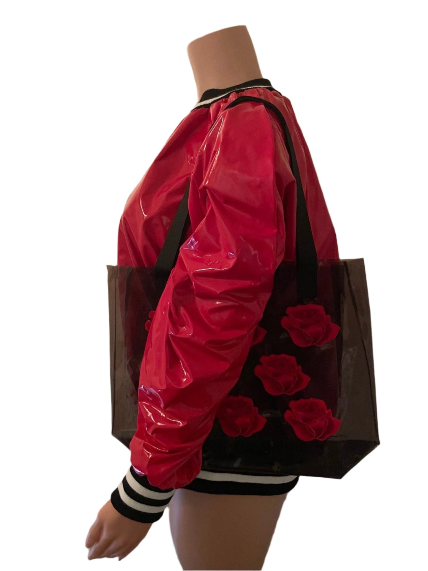 Red Rose Holographic PVC Black Tote Bag