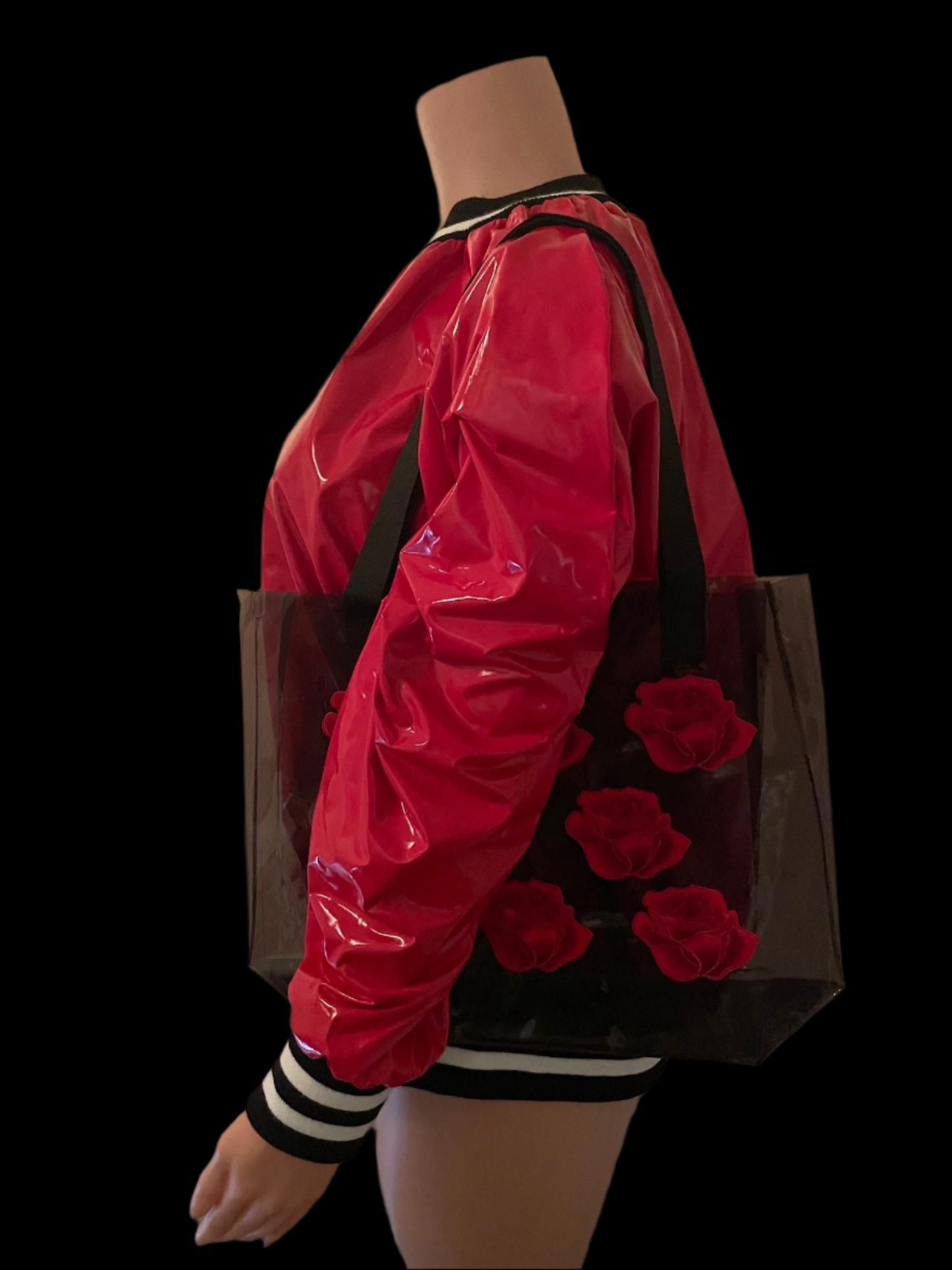 Red Rose Holographic PVC Black Tote Bag